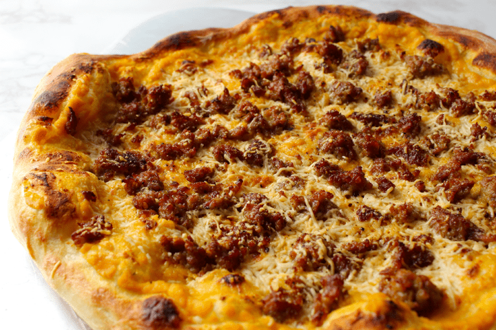 pumpkin and sausage pizza out of oven