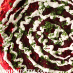 Borscht Pizza with beet puree, horseradish cream, and fresh dill