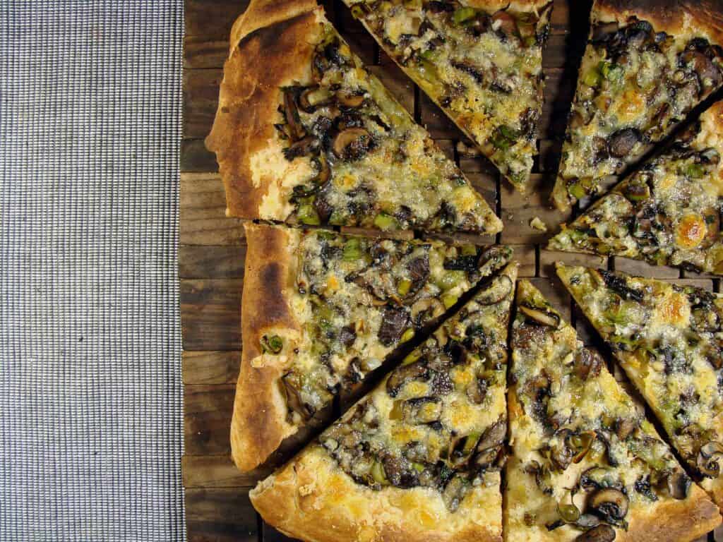 Pizza with Mushrooms, Leeks, and Stinky Cheese