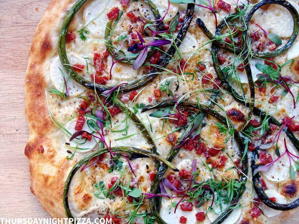 Garlic Scape Pizza with Hakurei Turnips and Pepperoni