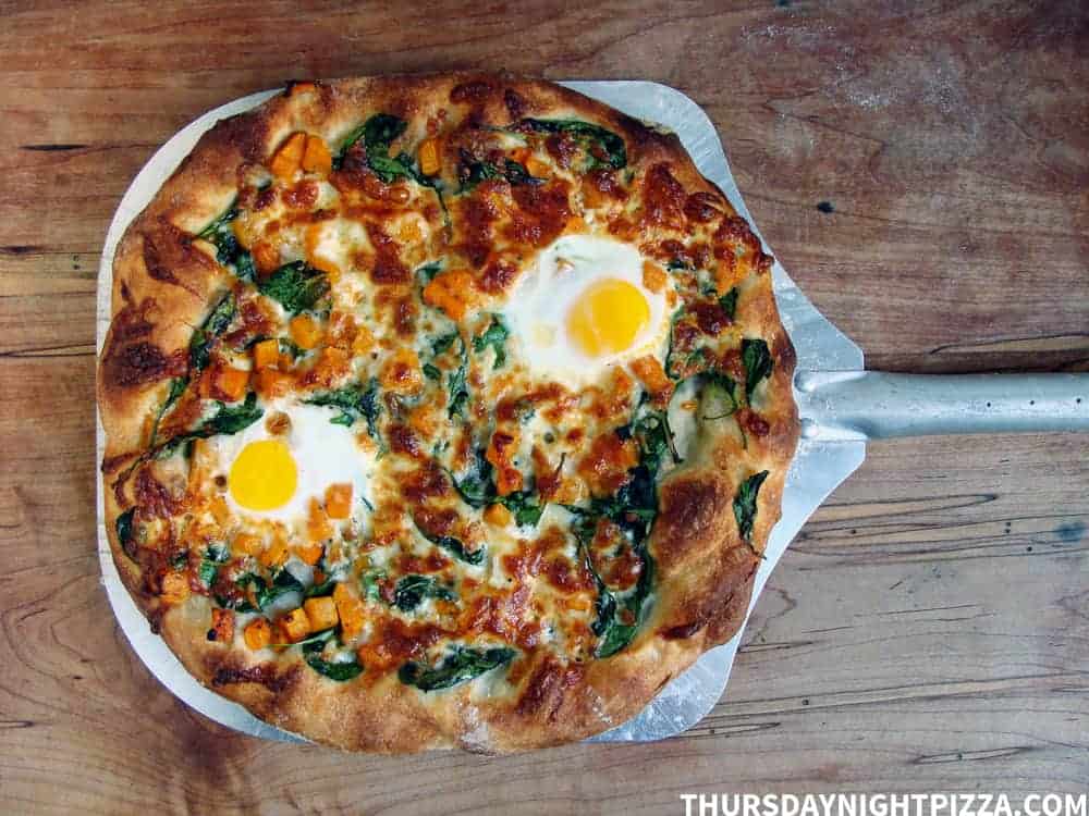 Butternut Squash Pizza with Spinach, Pepper Jack Cheese, and Eggs