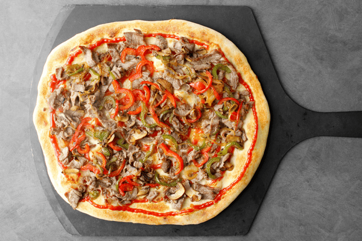 Cheese Steak Pizza with Cheez Whiz, after baking