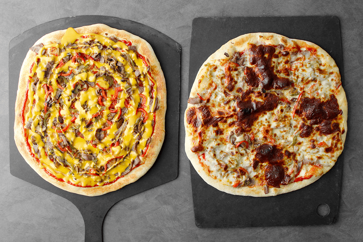 Cheese Steak Pizzas on peels