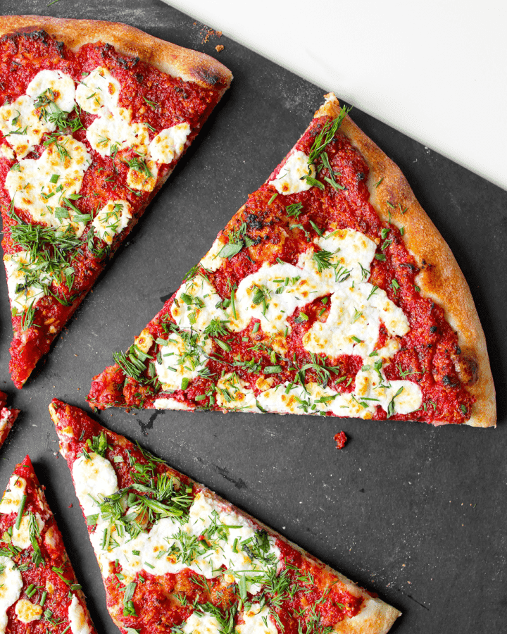 beet pesto pizza slice