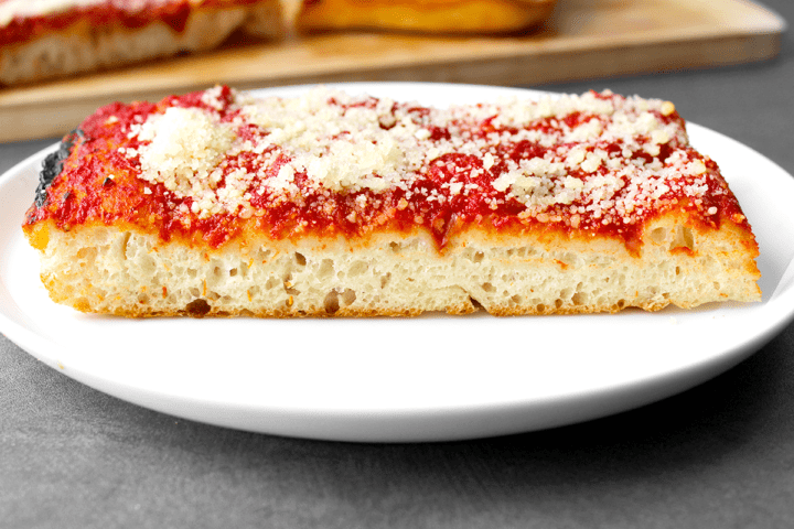 philly style tomato pie on a plate