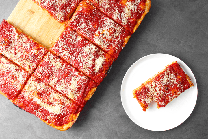 Philly style tomato pie cut into squares