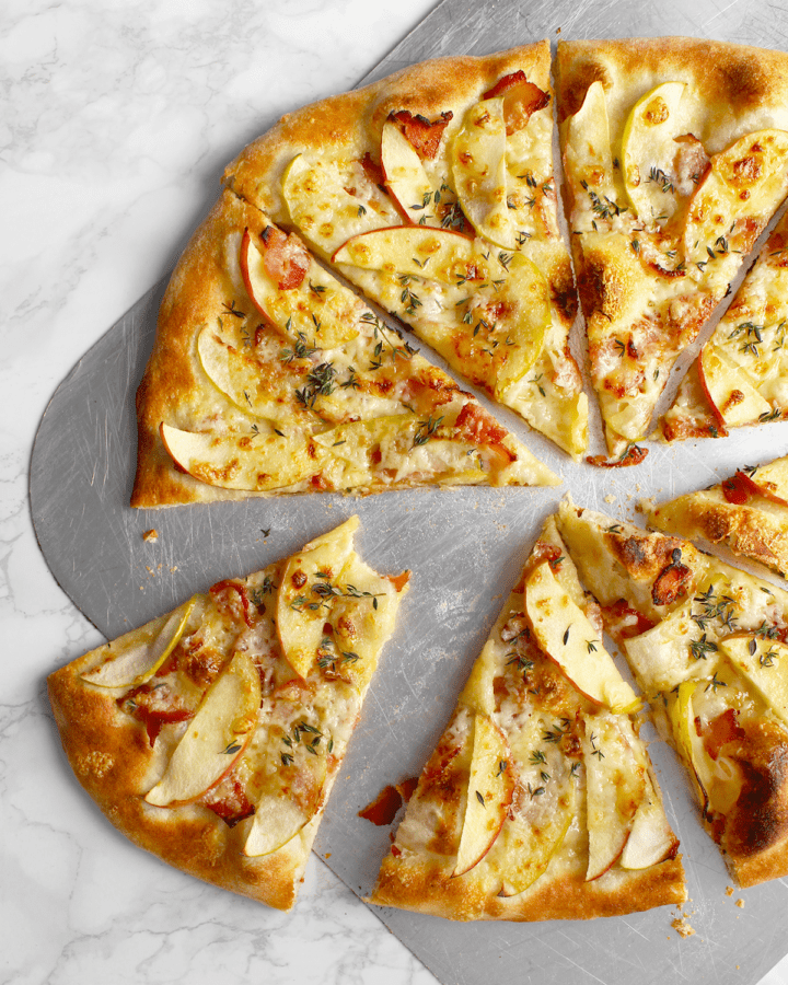 maple-bacon pizza vertical on peel
