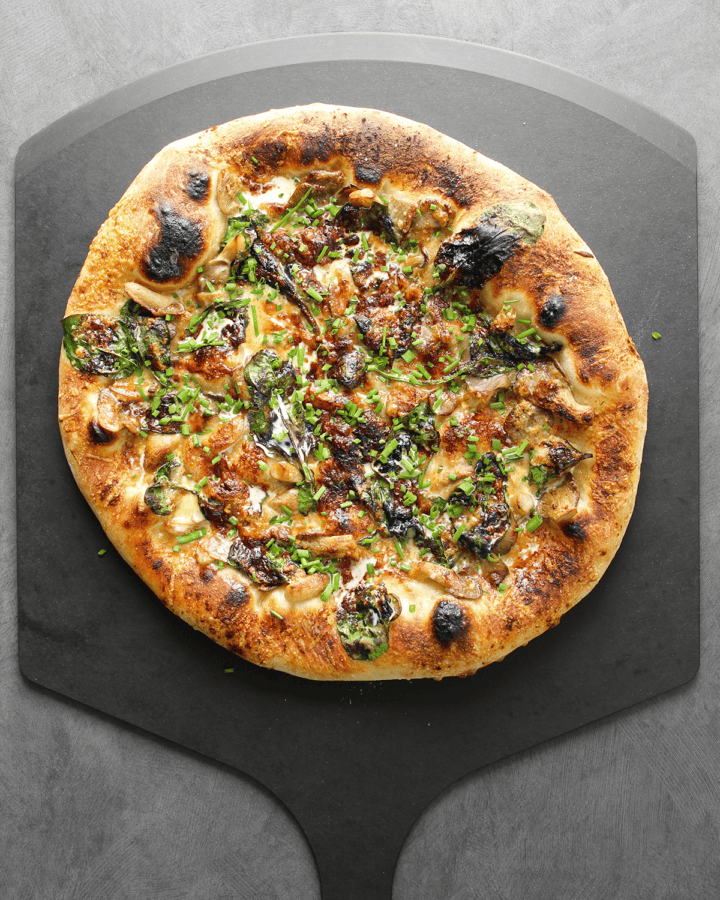 oyster mushroom pizza with paprika and spinach