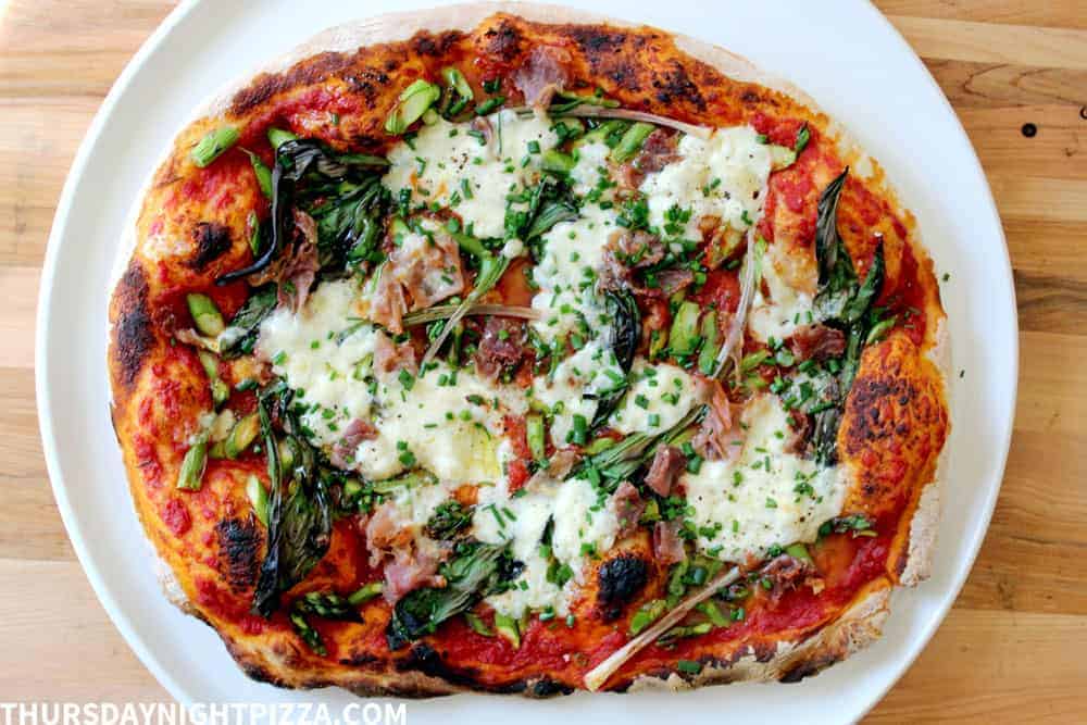 Asparagus, Ramp, Prosciutto, and Burrata Pizza