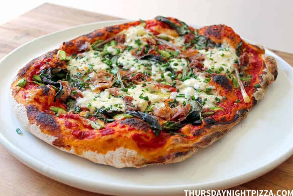 Asparagus, Ramp, Prosciutto, and Burrata Pizza