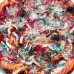 Fennel Pizza with Gorgonzola, Prosciutto, and Hot Honey, overhead