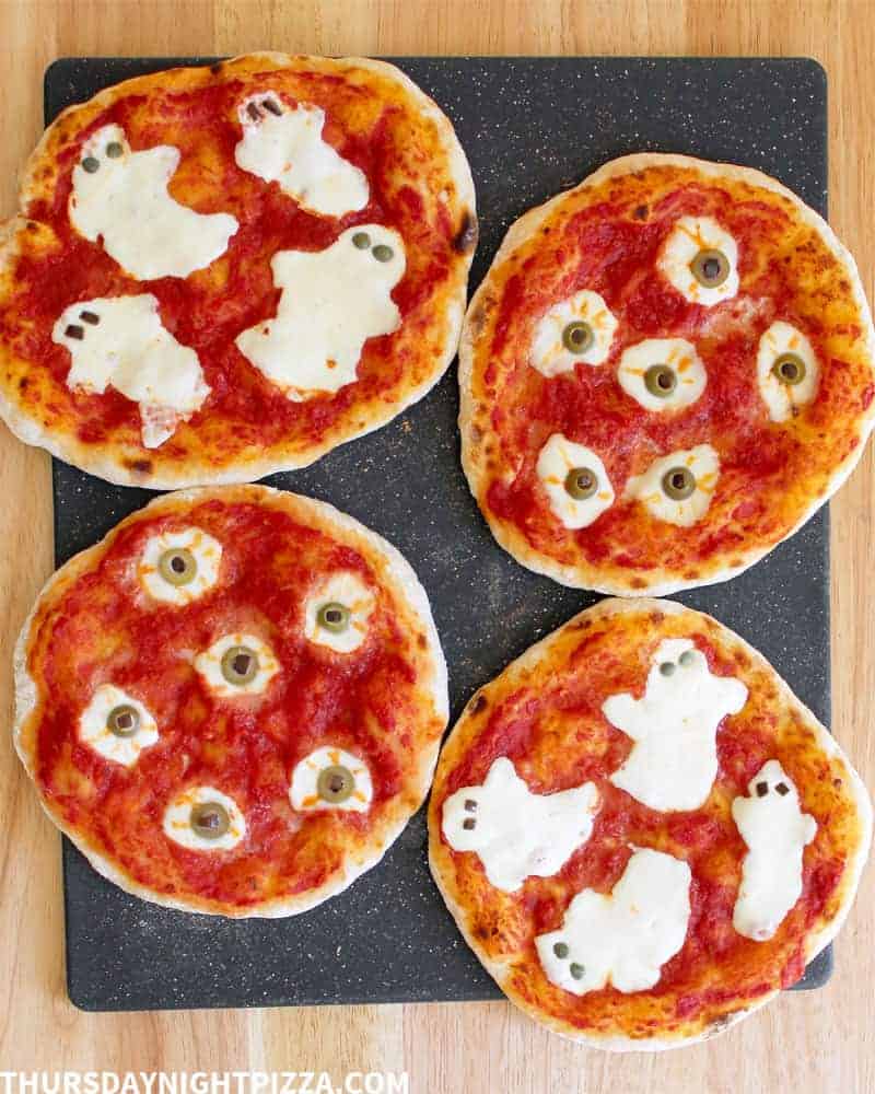Ghost and Eyeball Halloween Pizzas, overhead
