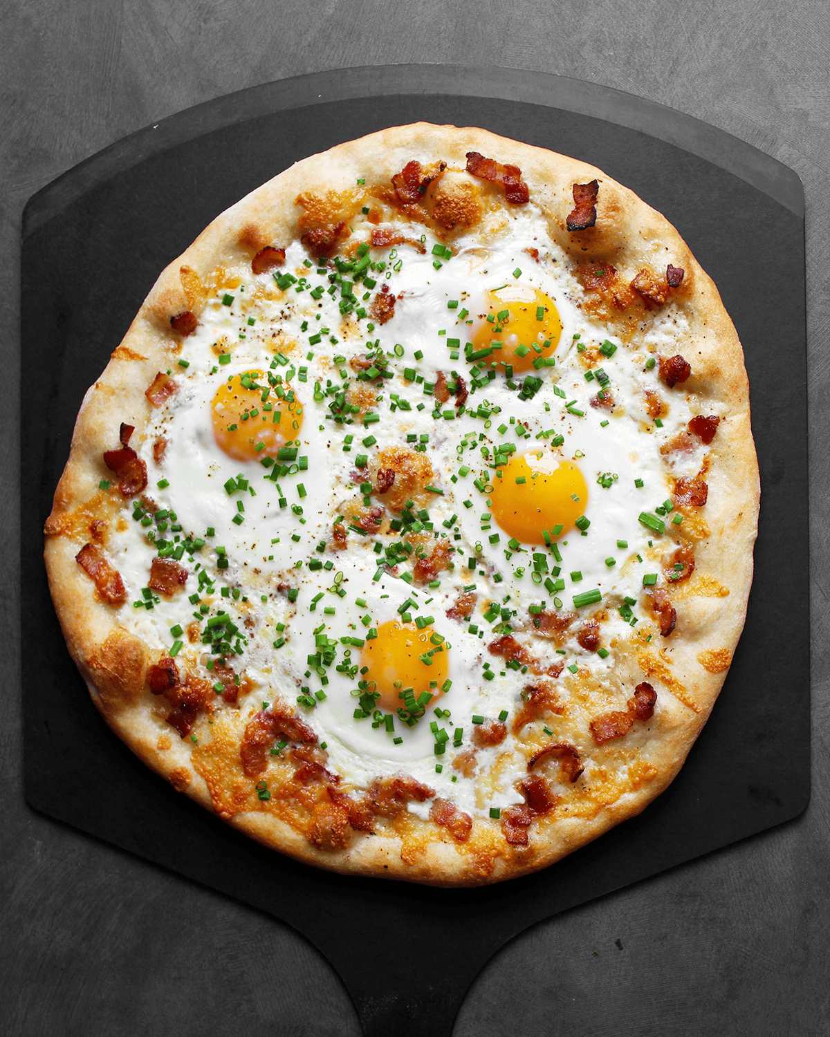 Bacon Egg and Cheese Pizza out of the oven