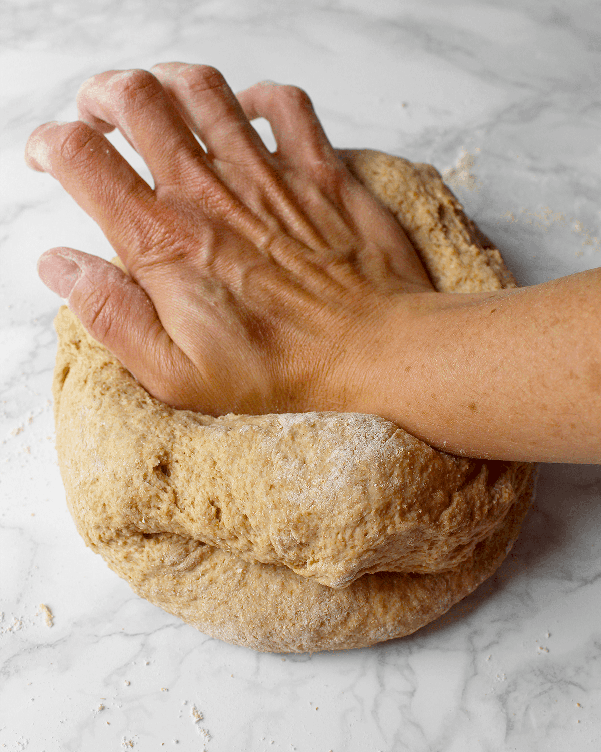 kneading pizza dough on counter