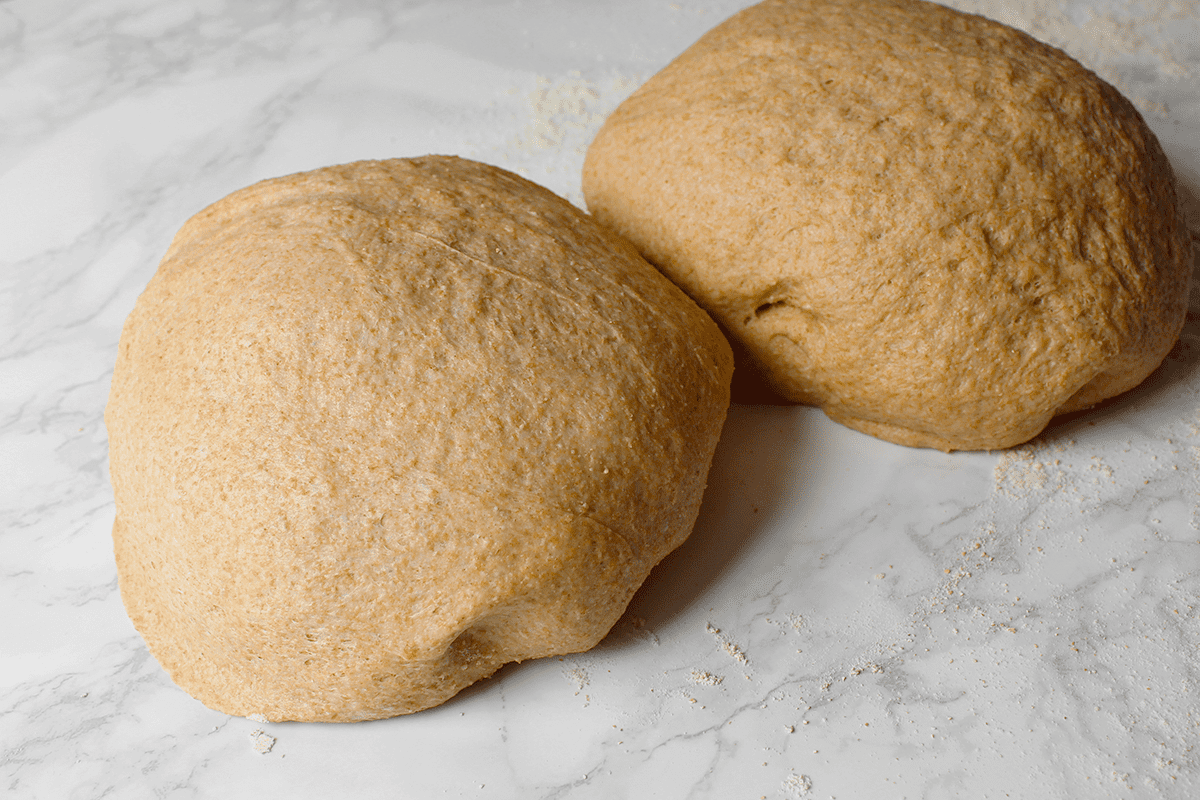 100% whole wheat pizza dough balls after resting