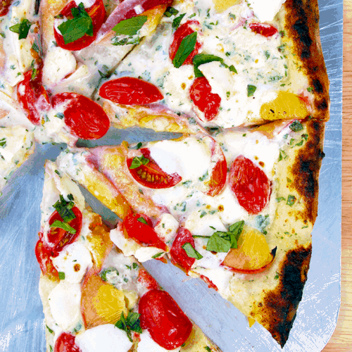 Tomato and Peach Pizza with Herbed White Sauce
