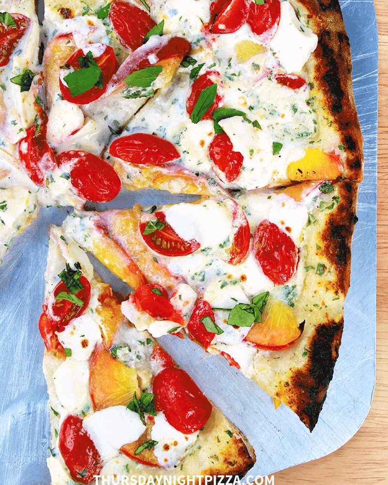 Tomato and Peach Pizza with Herbed White Sauce