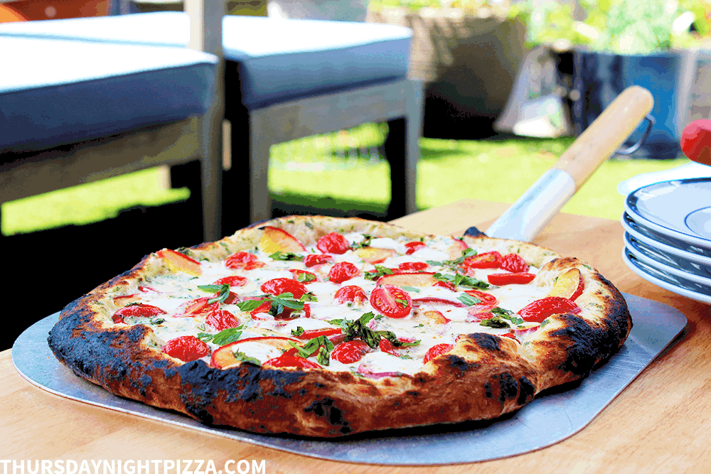 Tomato and Peach Pizza with Herbed White Sauce