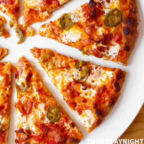 Close-up on slices of Bacon and Jalapeño Pizza