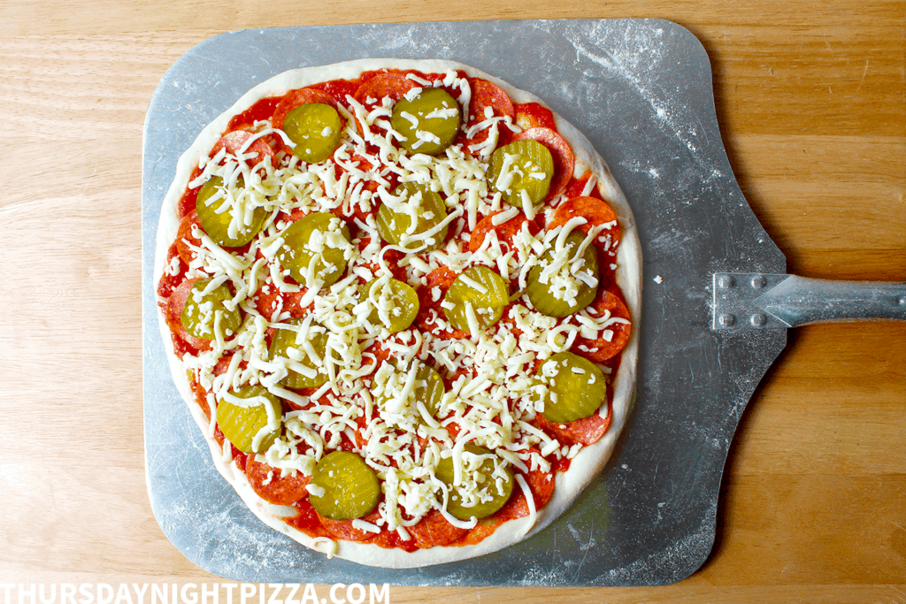 Pepperoni and Sweet Pickle Pizza before baking