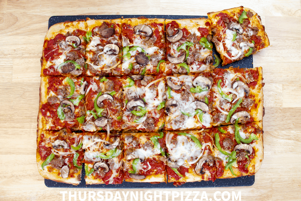 Grandma Pizza with Sausage, Pepper, Onion, and Mozzarella