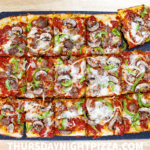 Grandma Pizza with Sausage, Pepper, Onion, and Mozzarella