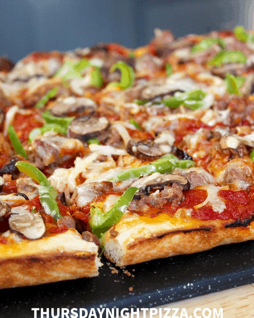 Grandma Pizza with Sausage, Pepper, Onion, and Mozzarella