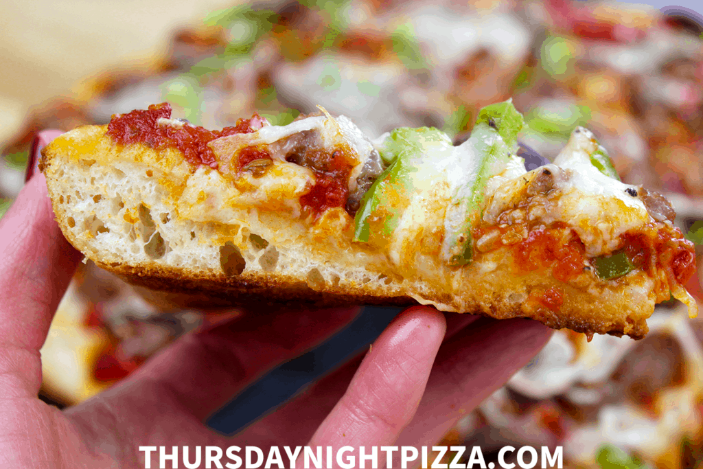 Grandma Pizza with Sausage, Pepper, Onion, and Mozzarella
