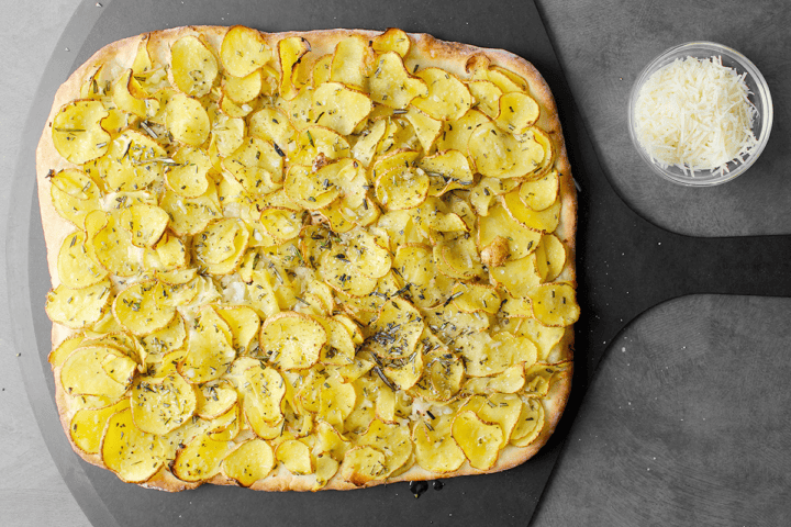 potato pizza out of the oven