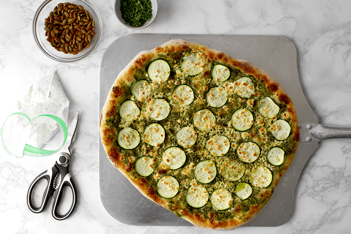 poblano pizza out of the oven