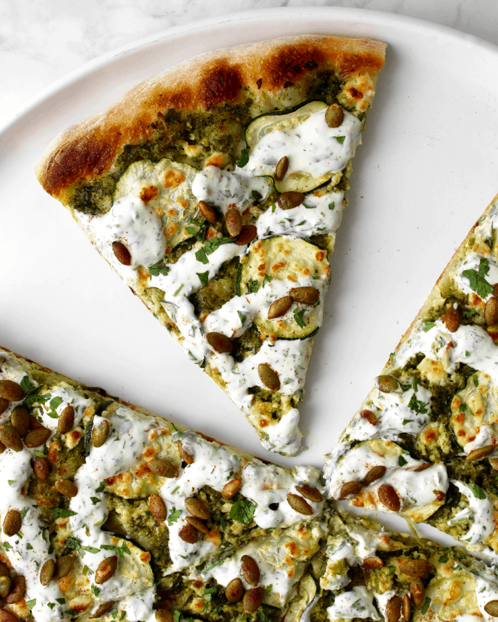 Poblano Pesto Pizza with Cilantro-Lime Crema