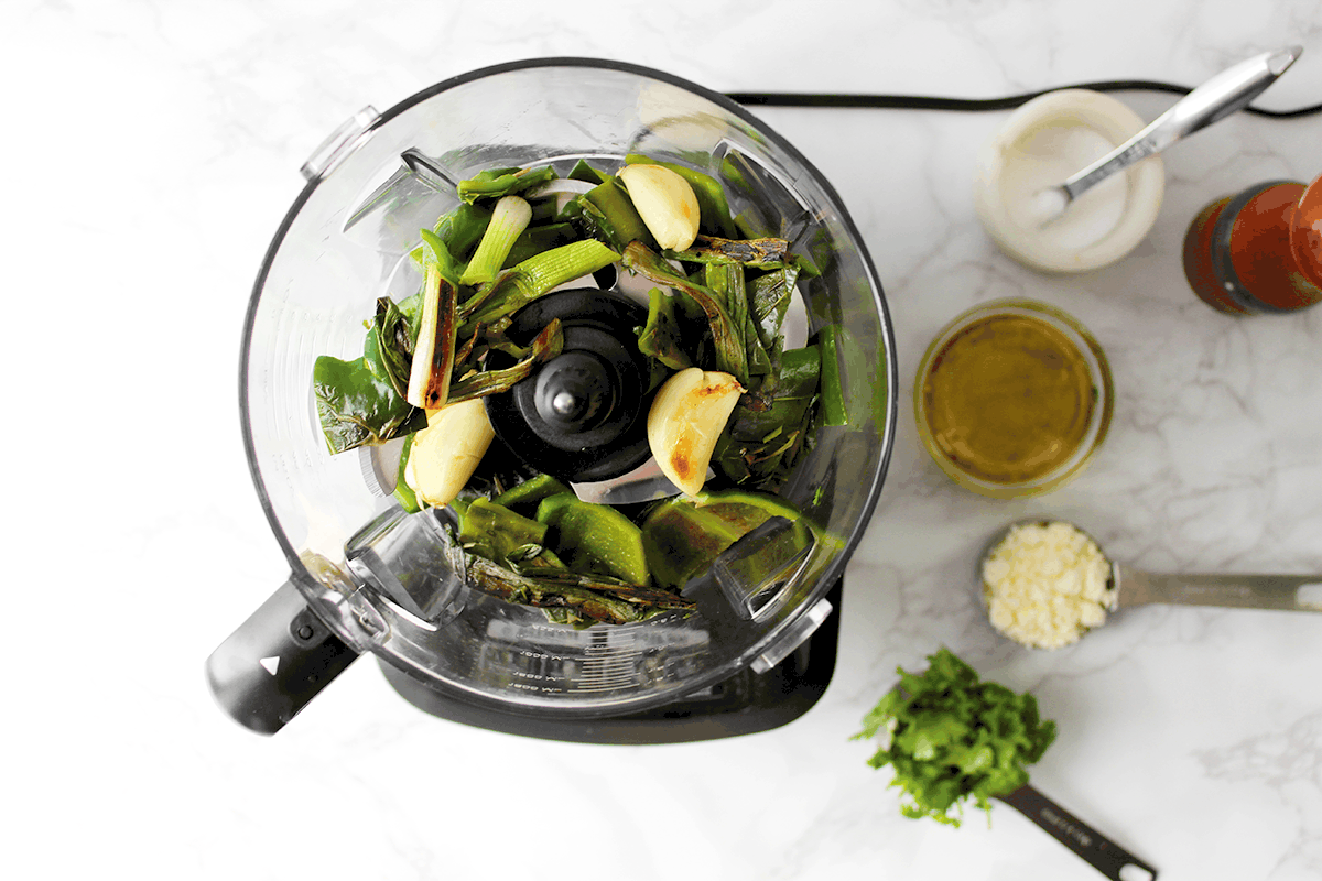 poblano pesto ingredients in food processor