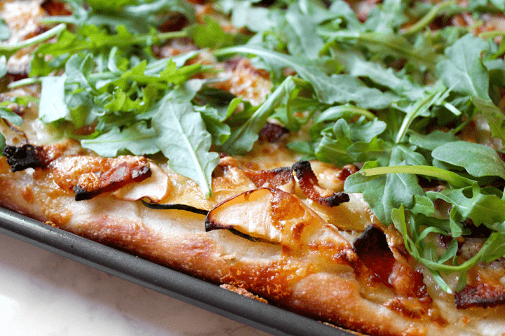 bacon, apple, and squash sheet pan pizza