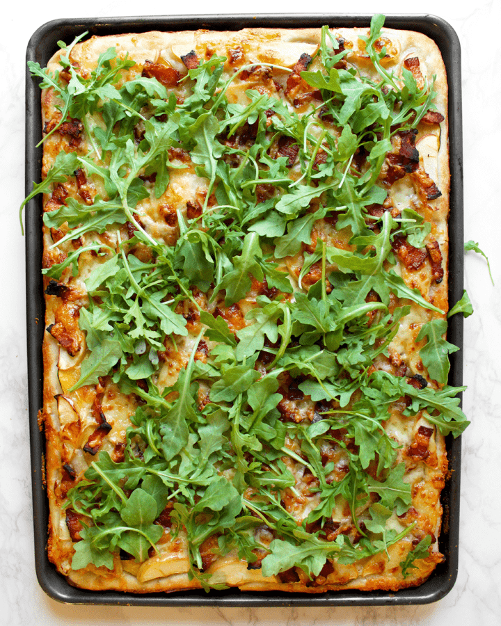 bacon, apple, and squash sheet pan pizza