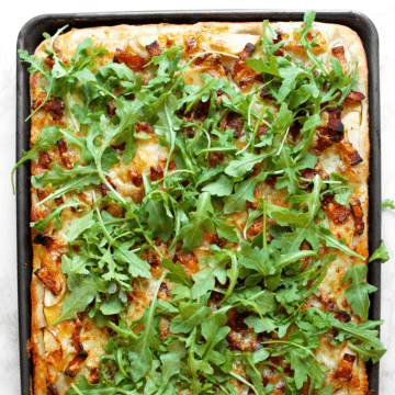 bacon, apple, and squash sheet pan pizza