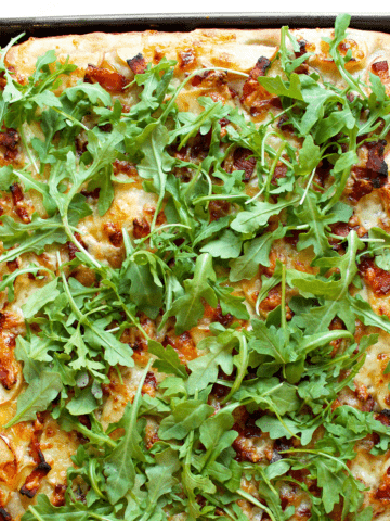 bacon, apple, and squash sheet pan pizza
