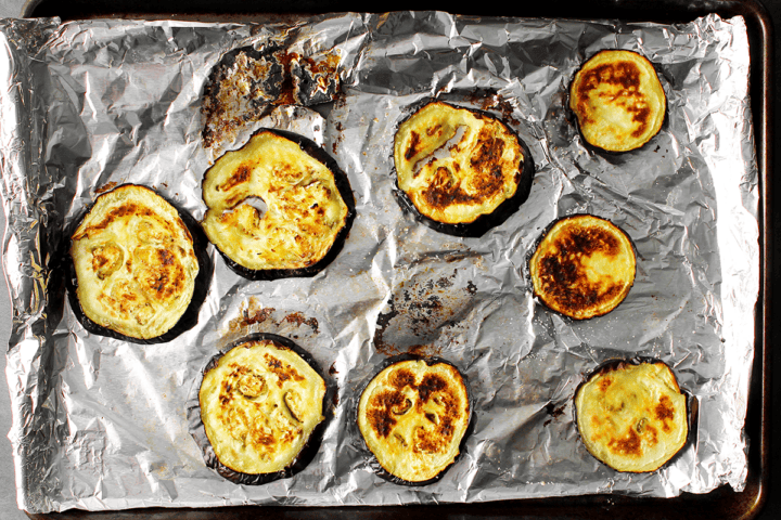 broiled eggplant on baking sheet