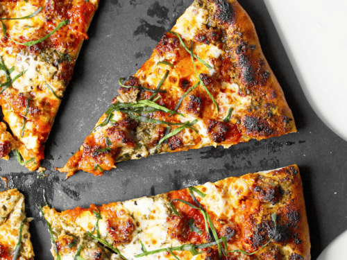 Italian Sausage Pizza with Red Sauce and Pesto Italian Sausage Pizza with Red Sauce and Pesto