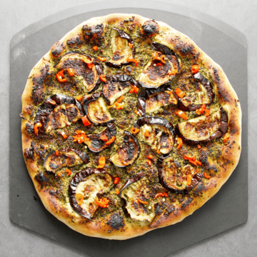 Thursday Night Pizza's Vegan Pesto and Eggplant Pizza, finished on peel