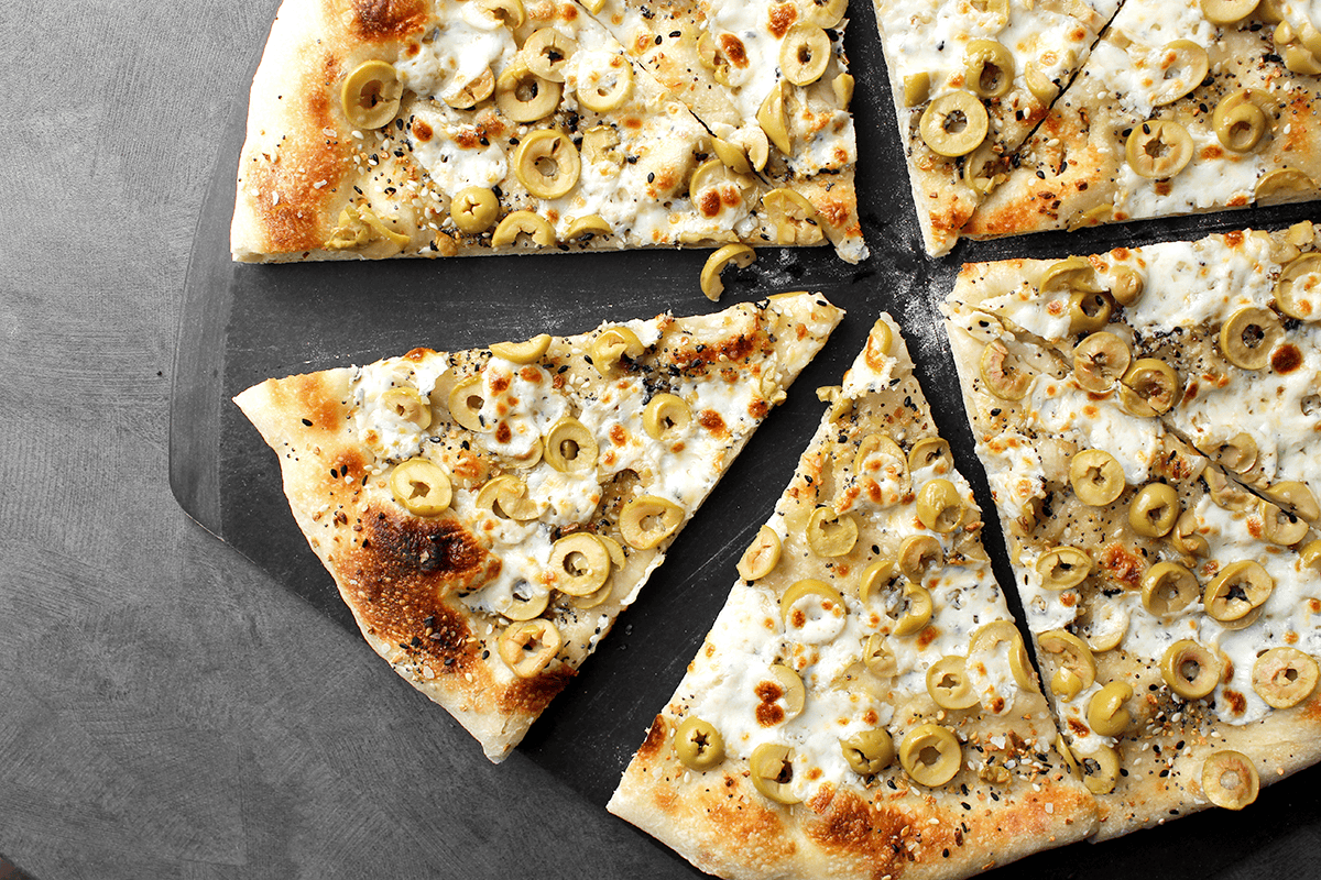 olive pizza with everything bagel seasoning