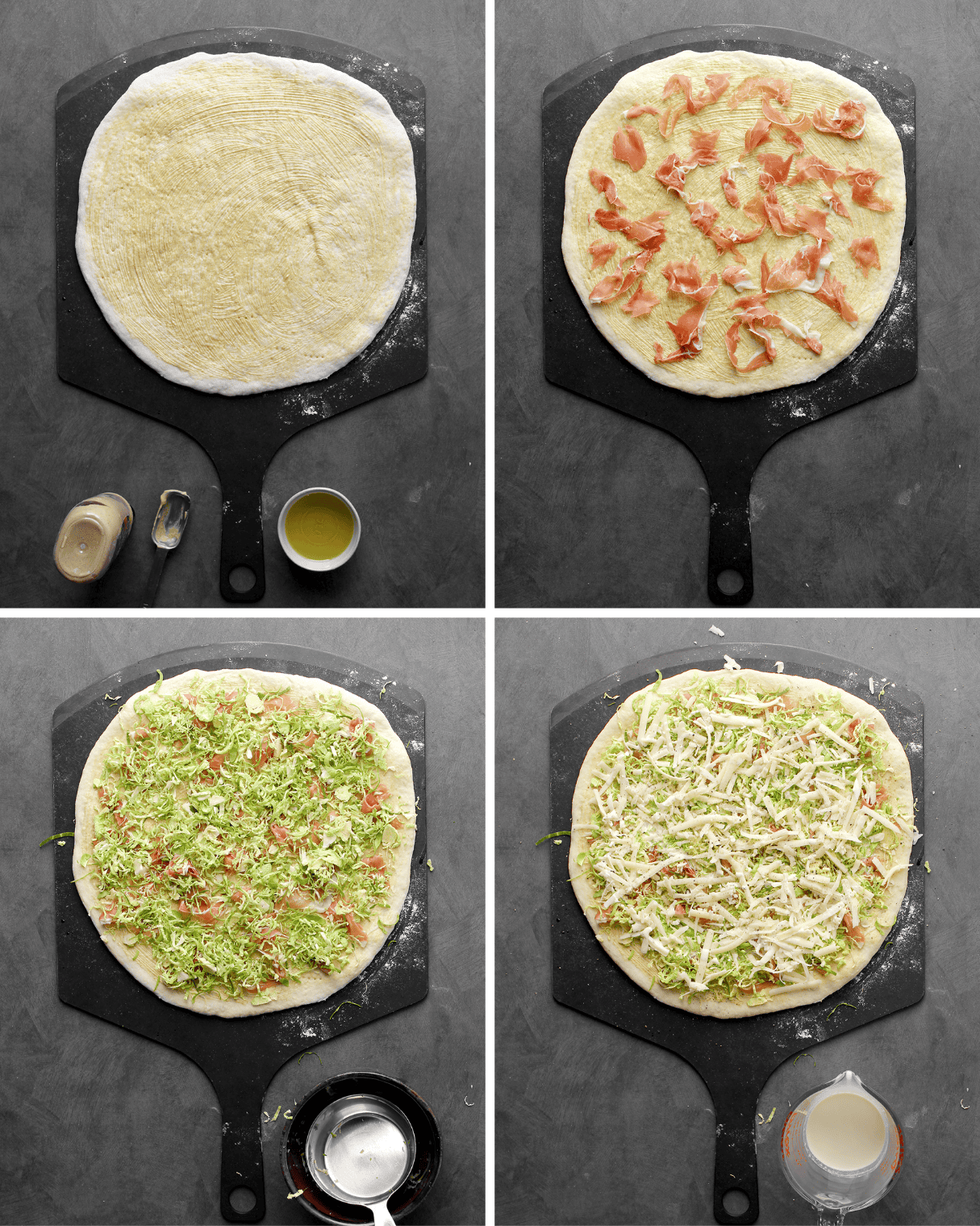 brussels sprout and prosciutto pizza, topping process