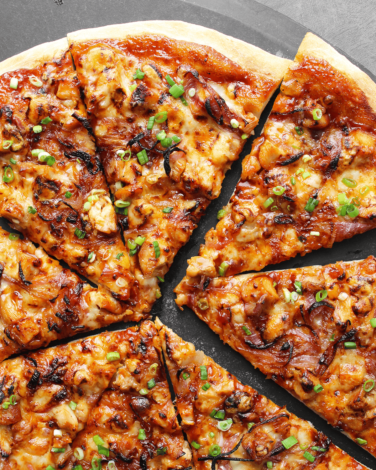 BBQ chicken pizza sliced