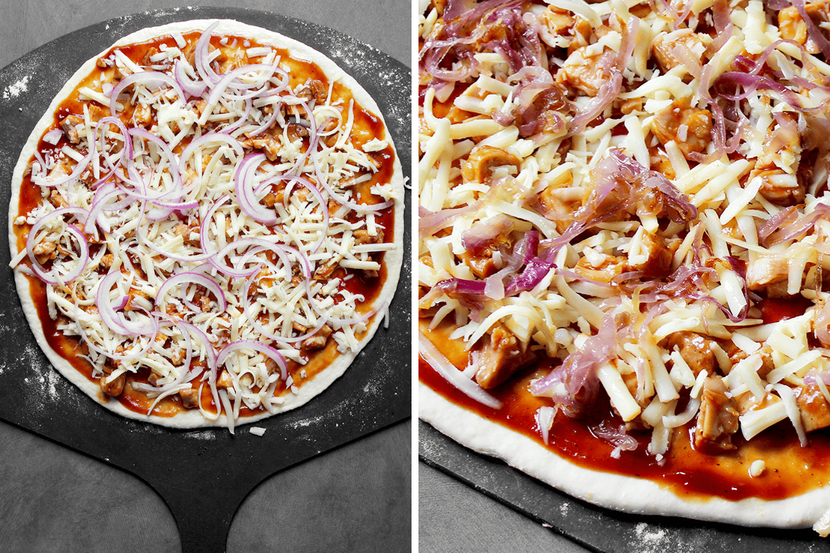 BBQ chicken pizza topped on peel