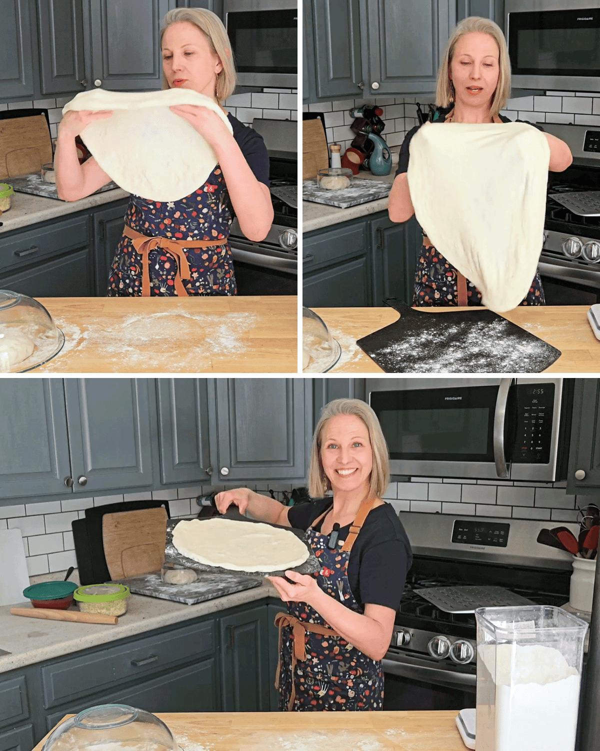 Peggy Paul Casella stretching pizza dough