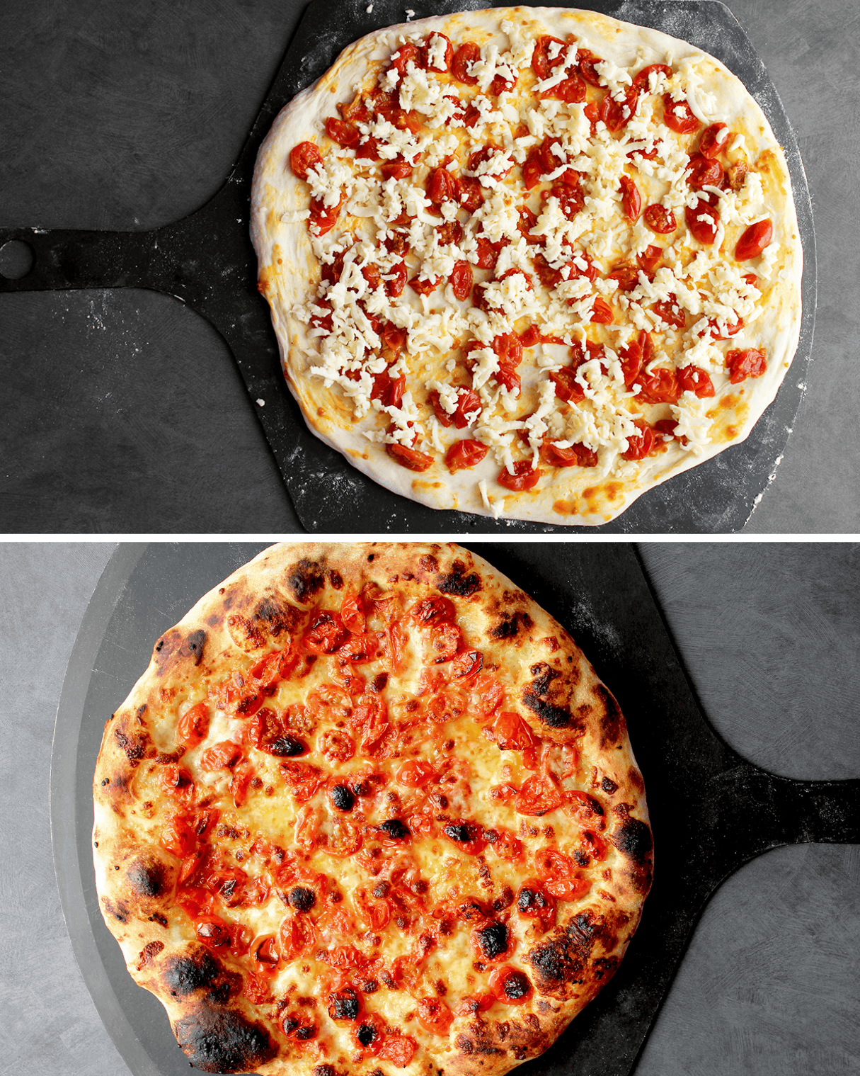 slow roasted tomato pizza before and after baking