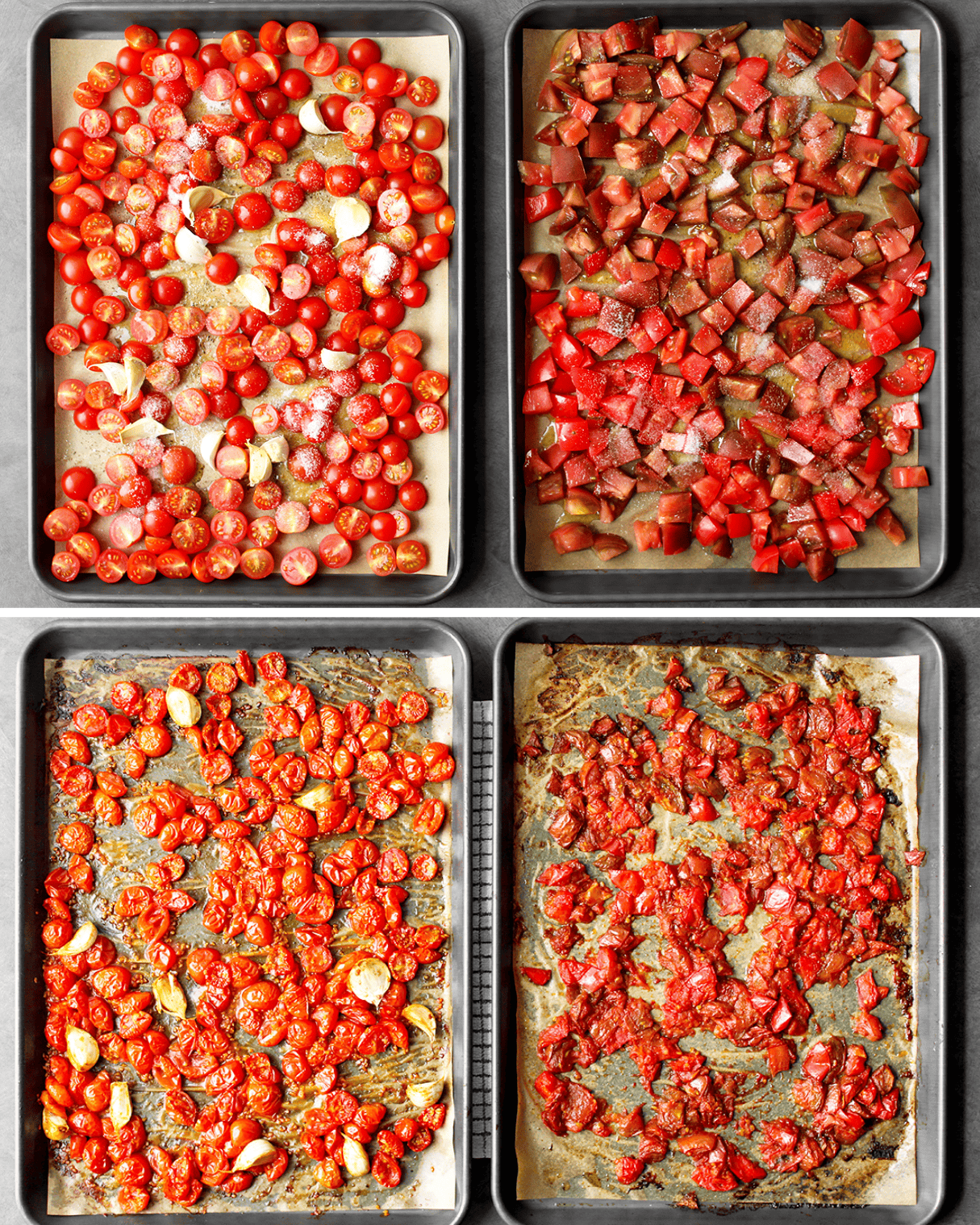 slow roasted tomatoes before and after roasting